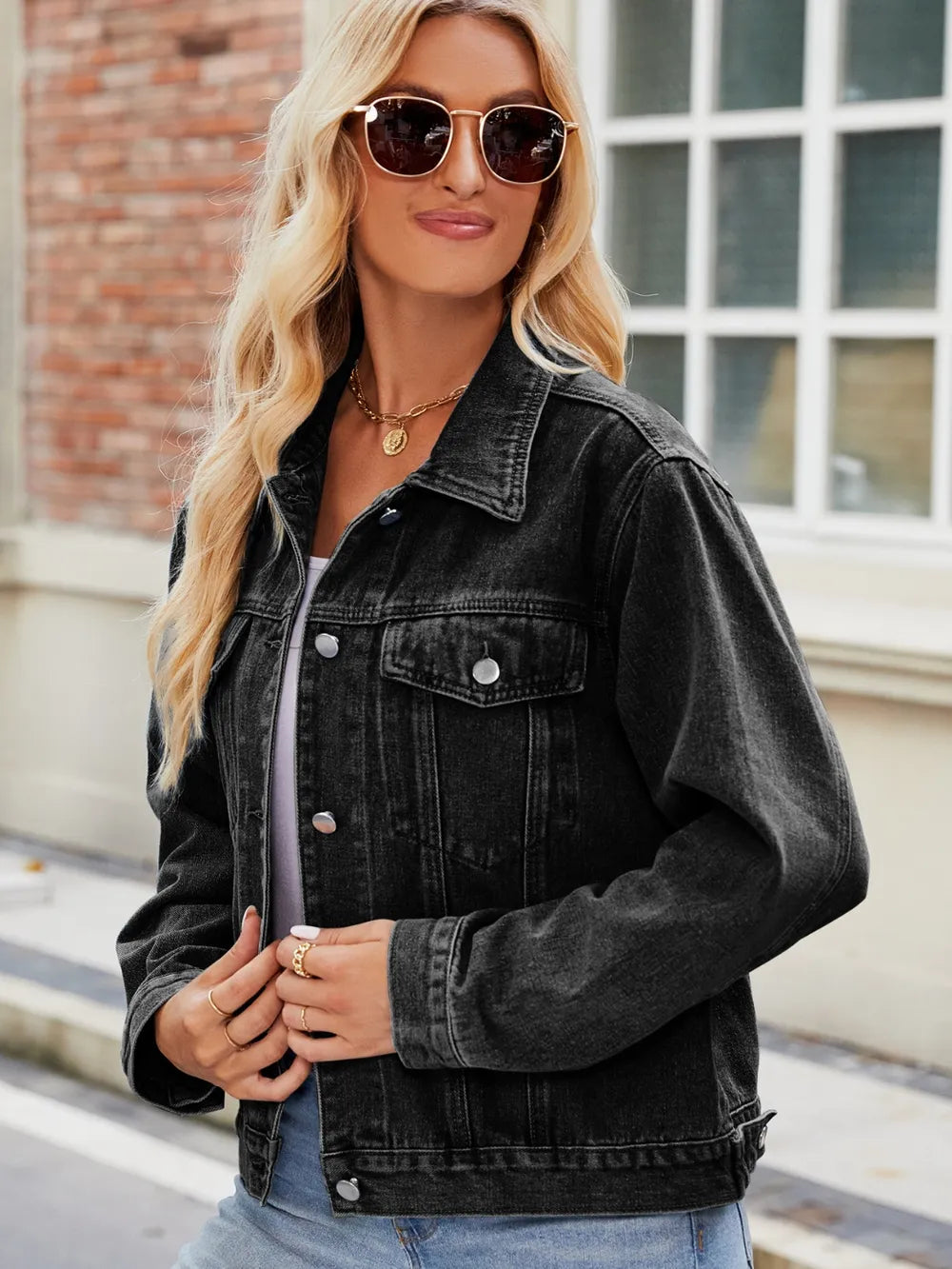 Pocketed Collared Neck Denim Jacket nicholesgifts