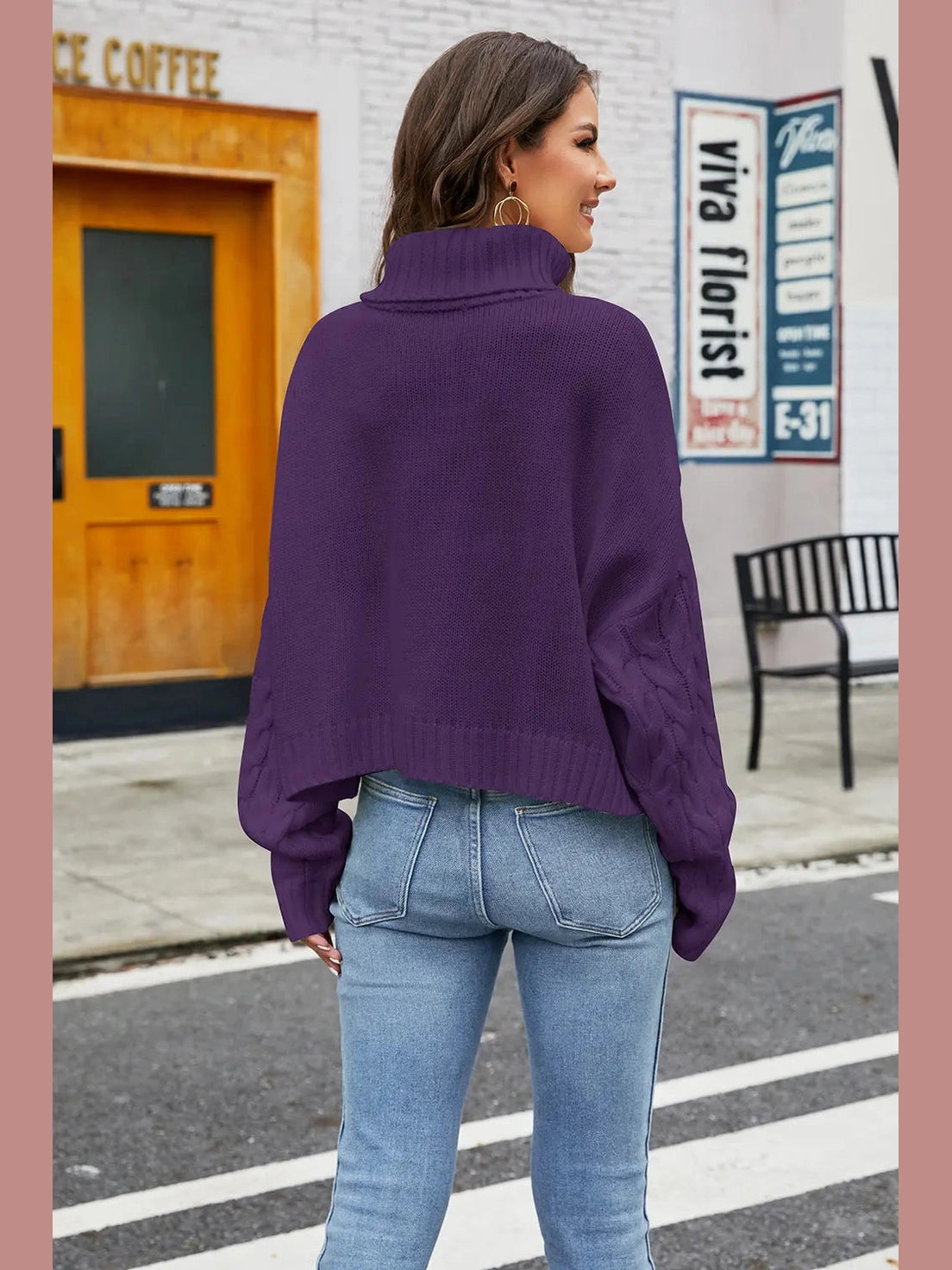 Turtleneck Cable-Knit Long Sleeve Sweater Trendsi