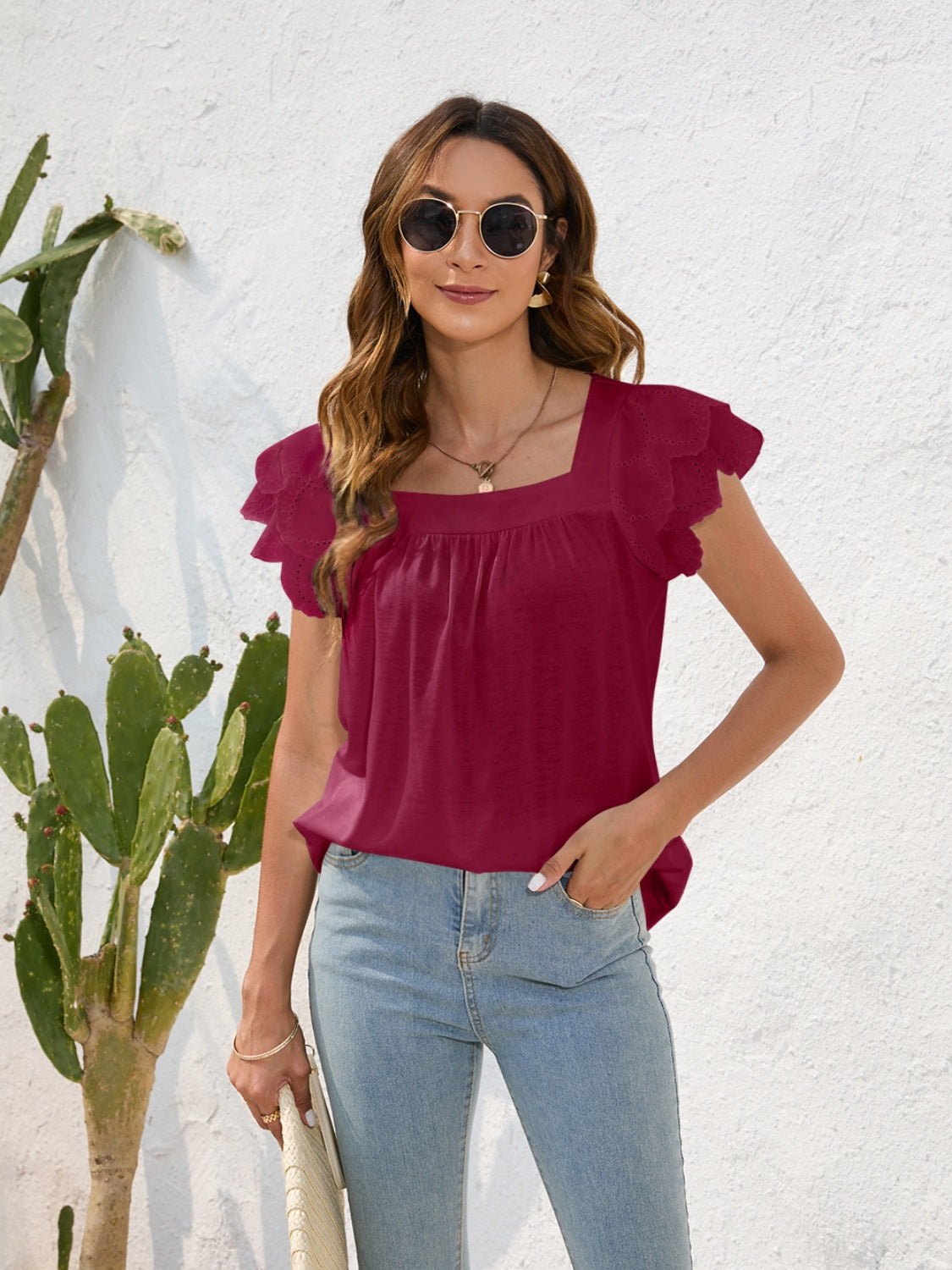 Ruffled Square Neck Cap Sleeve Blouse nicholesgifts