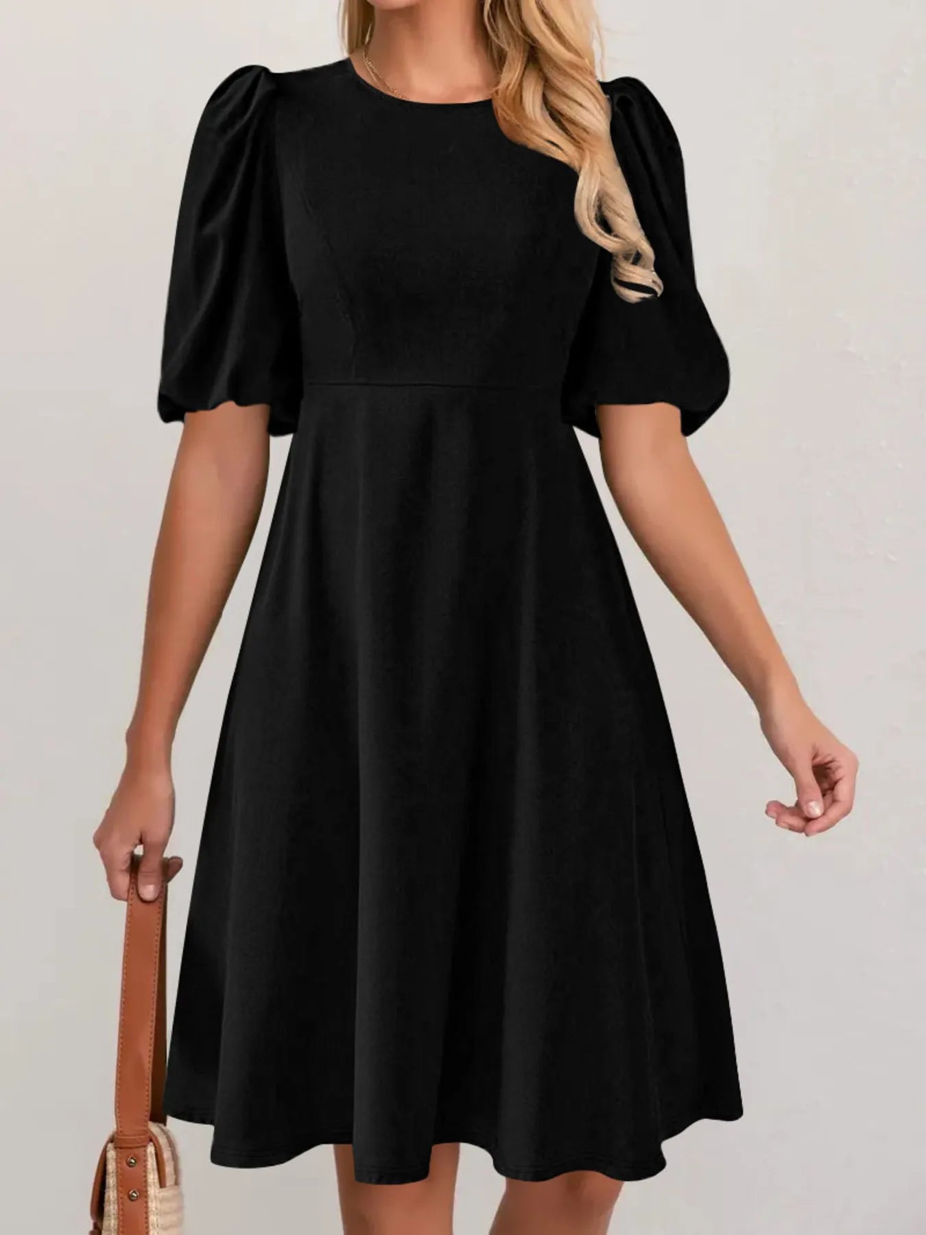 Round Neck Puff Sleeve A-Line Dress NicholesGifts