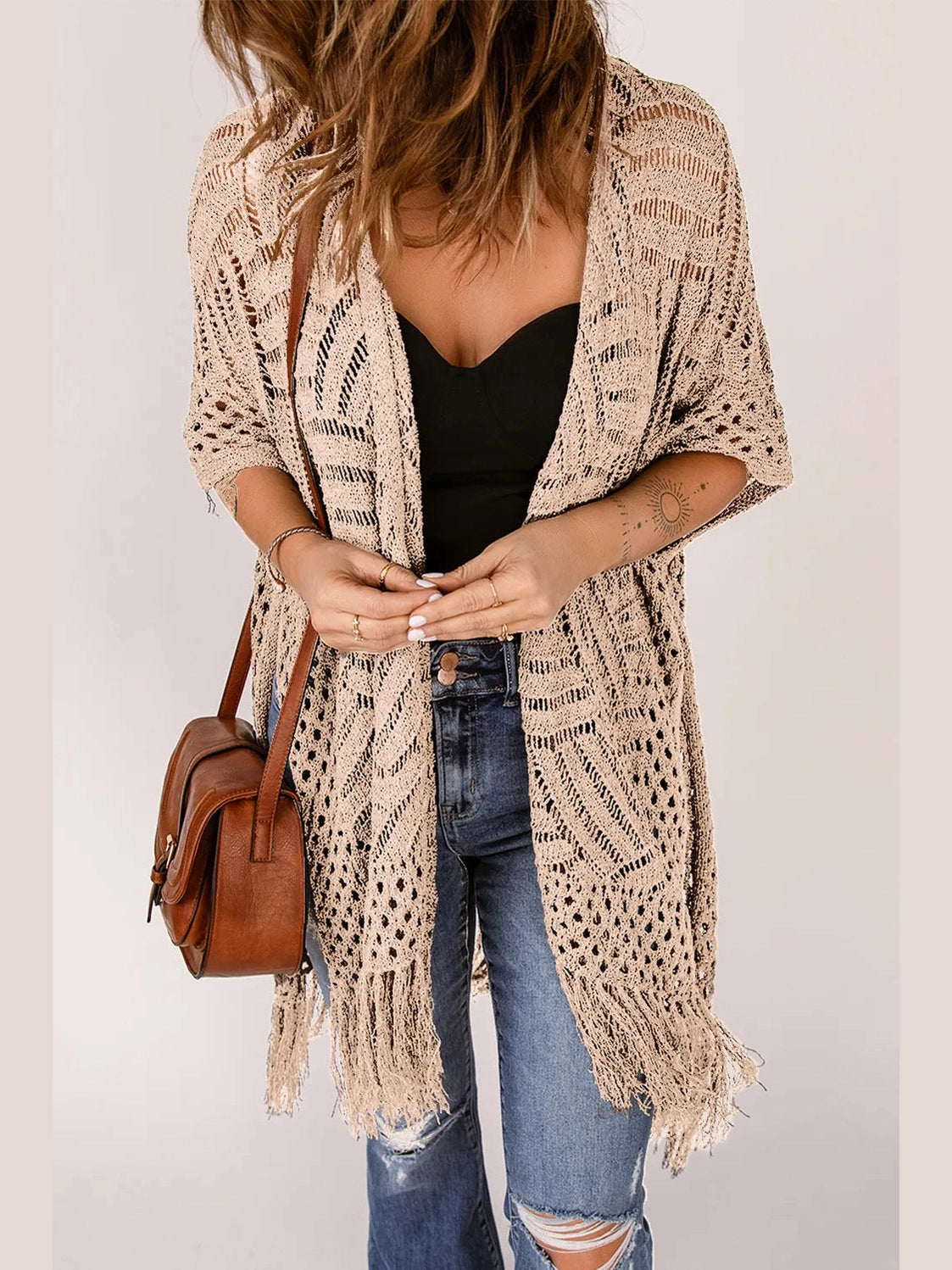Openwork Open Front Cardigan with Fringes nicholesgifts