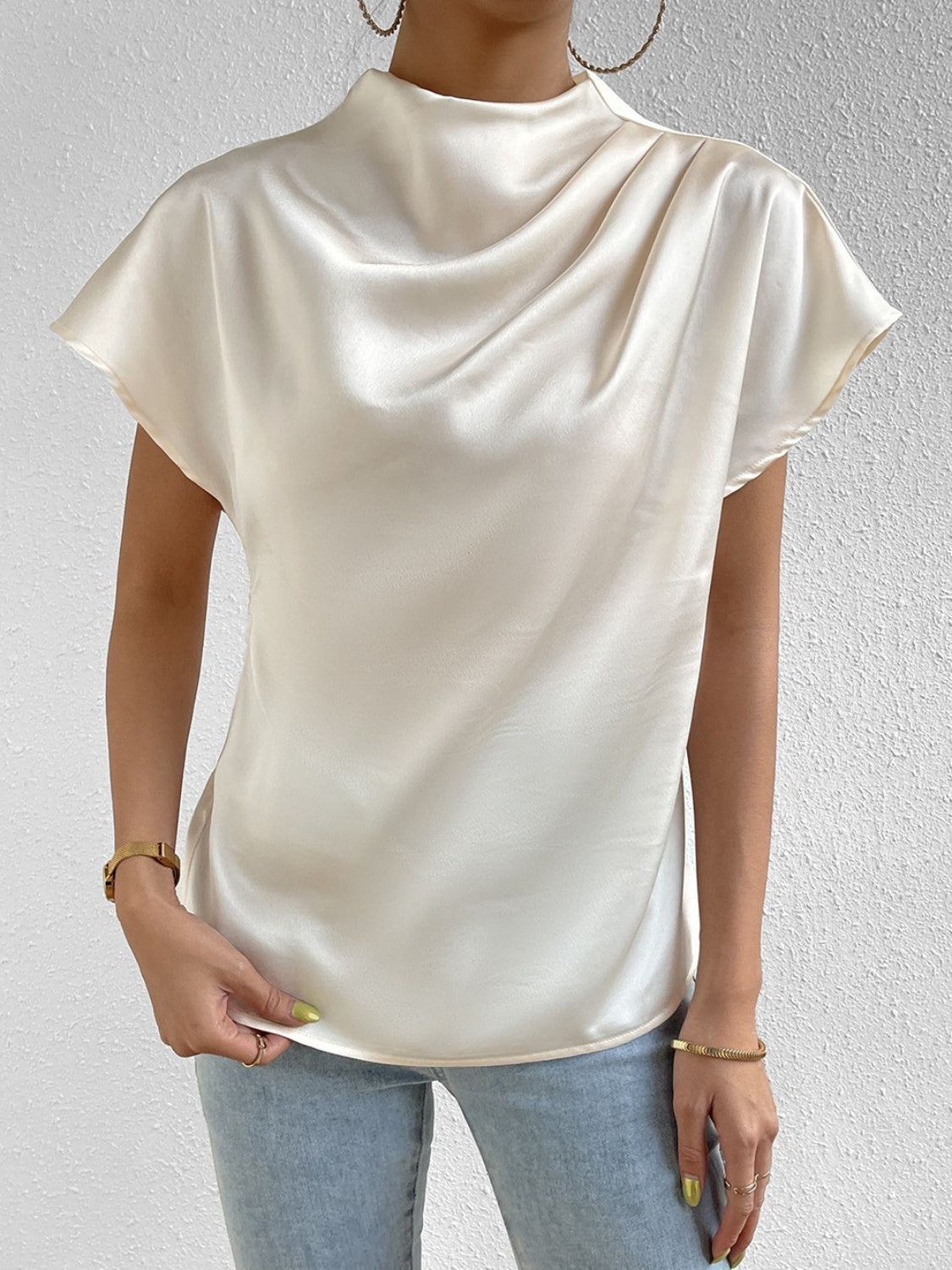 Women Ruched Mock Neck Short Sleeve Blouse nicholesgifts