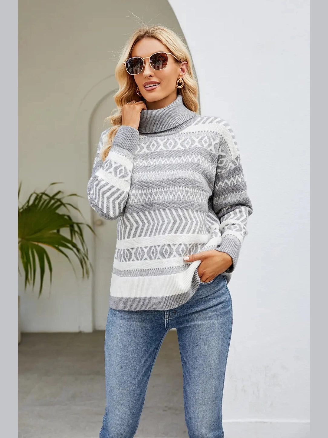Geometric Turtleneck Long Sleeve Sweater Trendsi