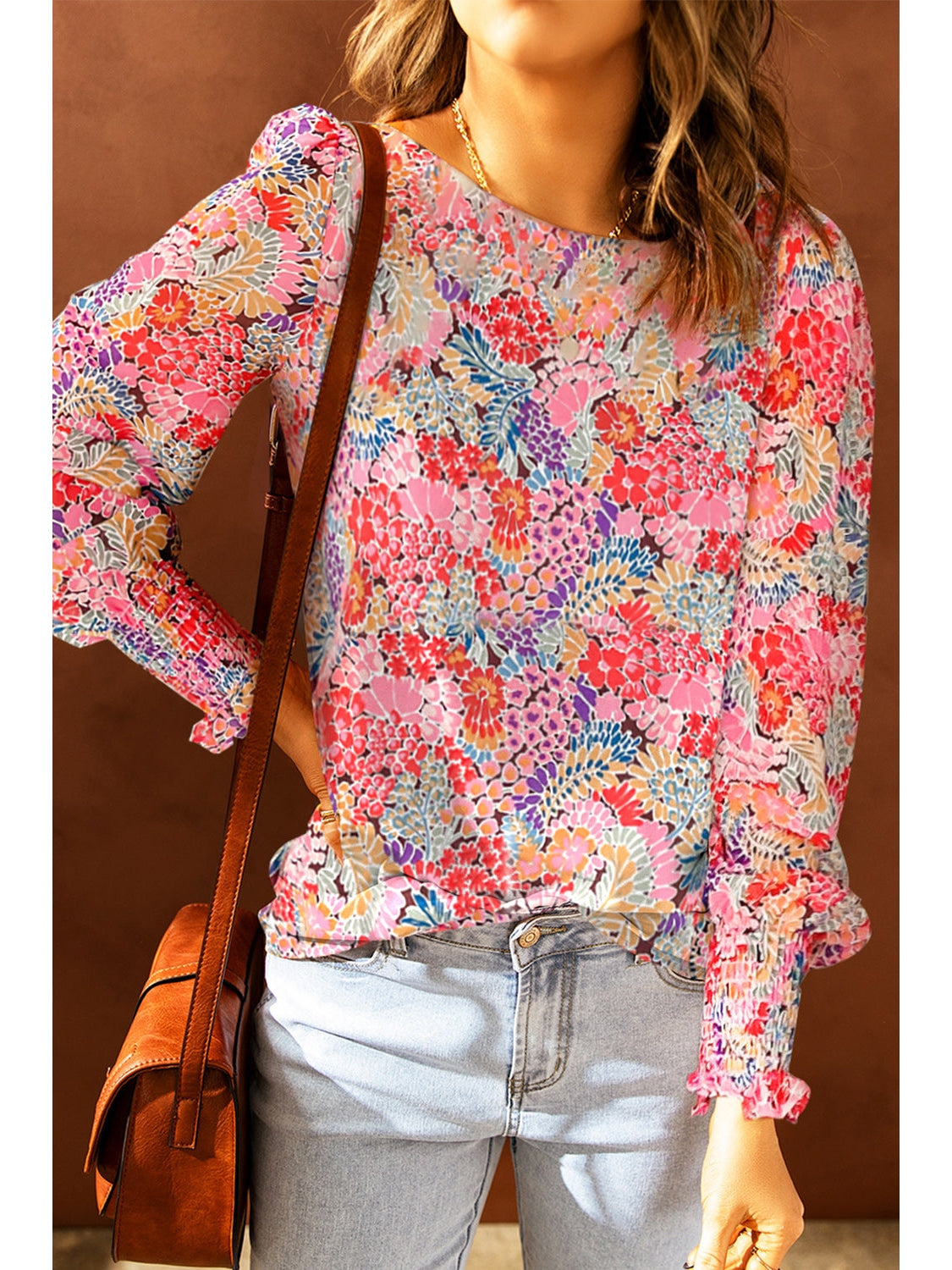 Women Floral Print Long Puff Sleeve Blouse nicholesgifts