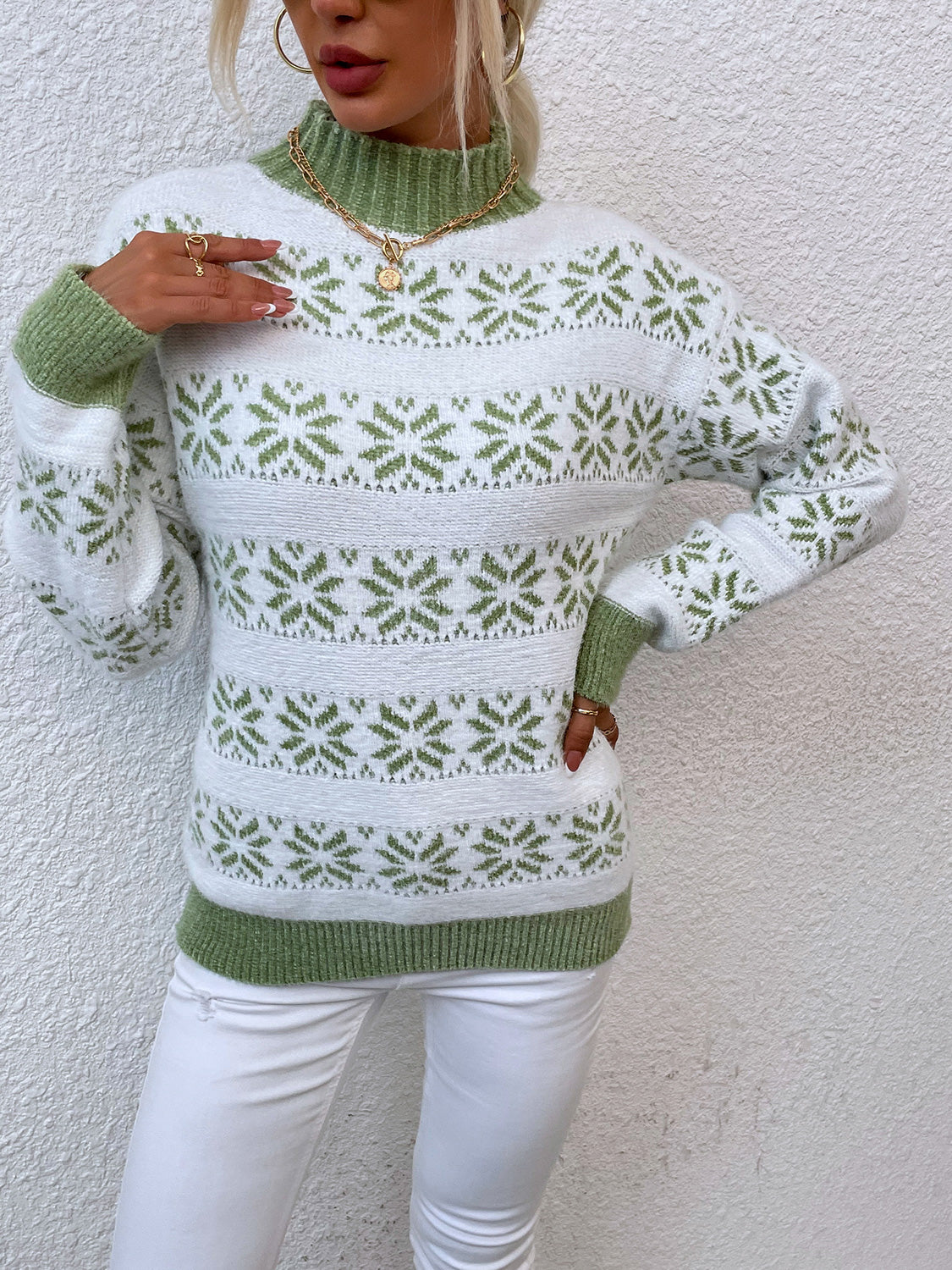 Snowflake Pattern Mock Neck Sweater nicholesgifts