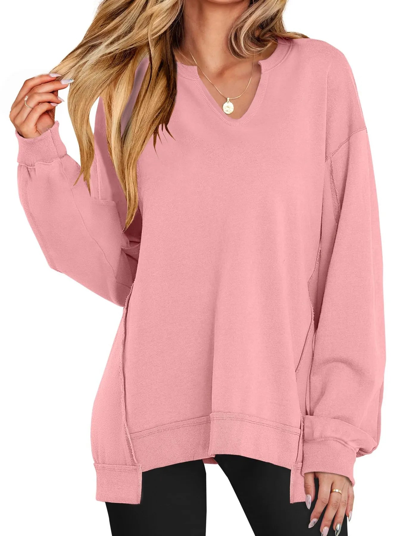 Notched Long Sleeve Oversized Sweatshirt
