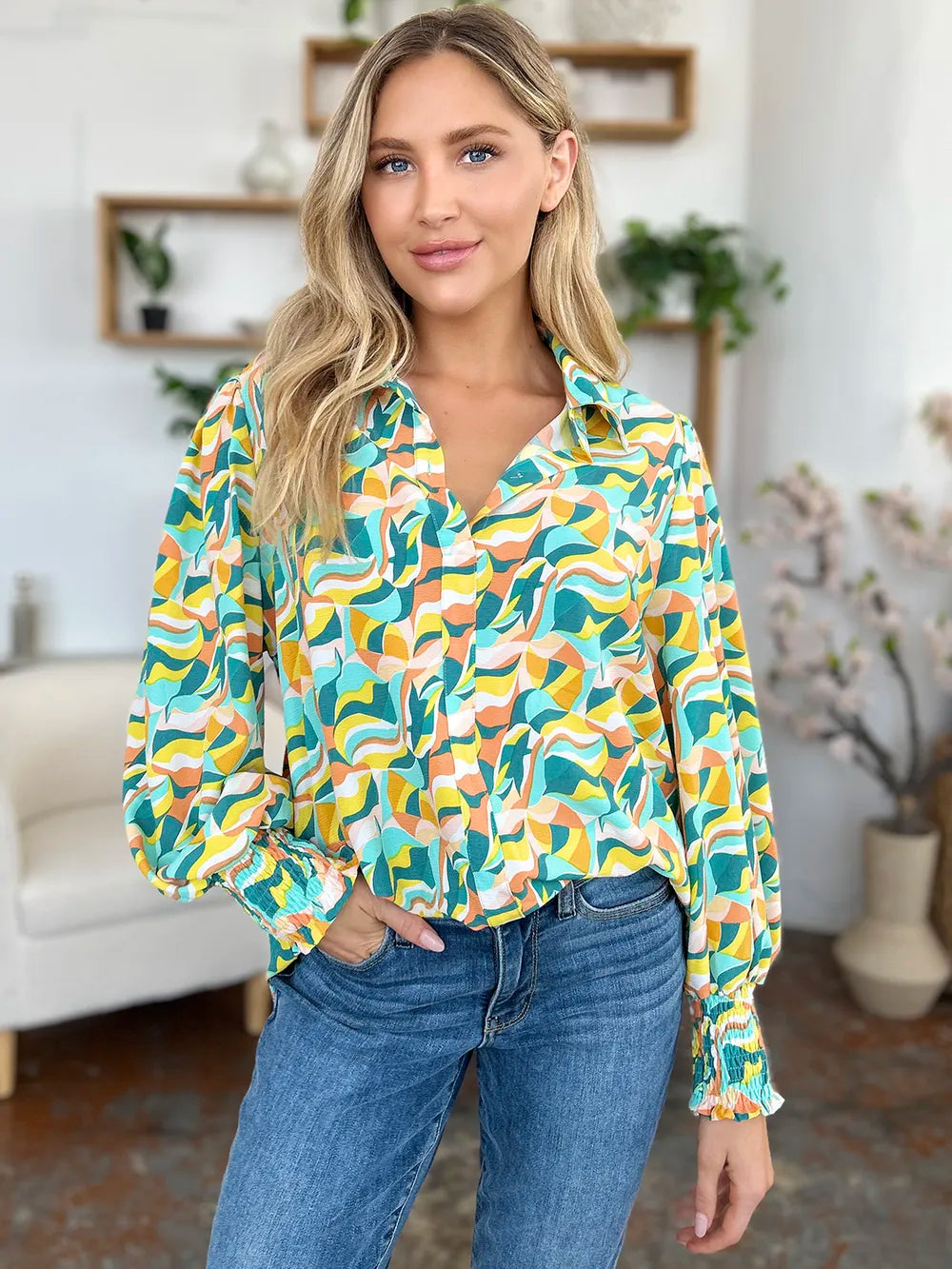 Double Take Full Size Printed Smocked Long Sleeve Blouse nicholesgifts