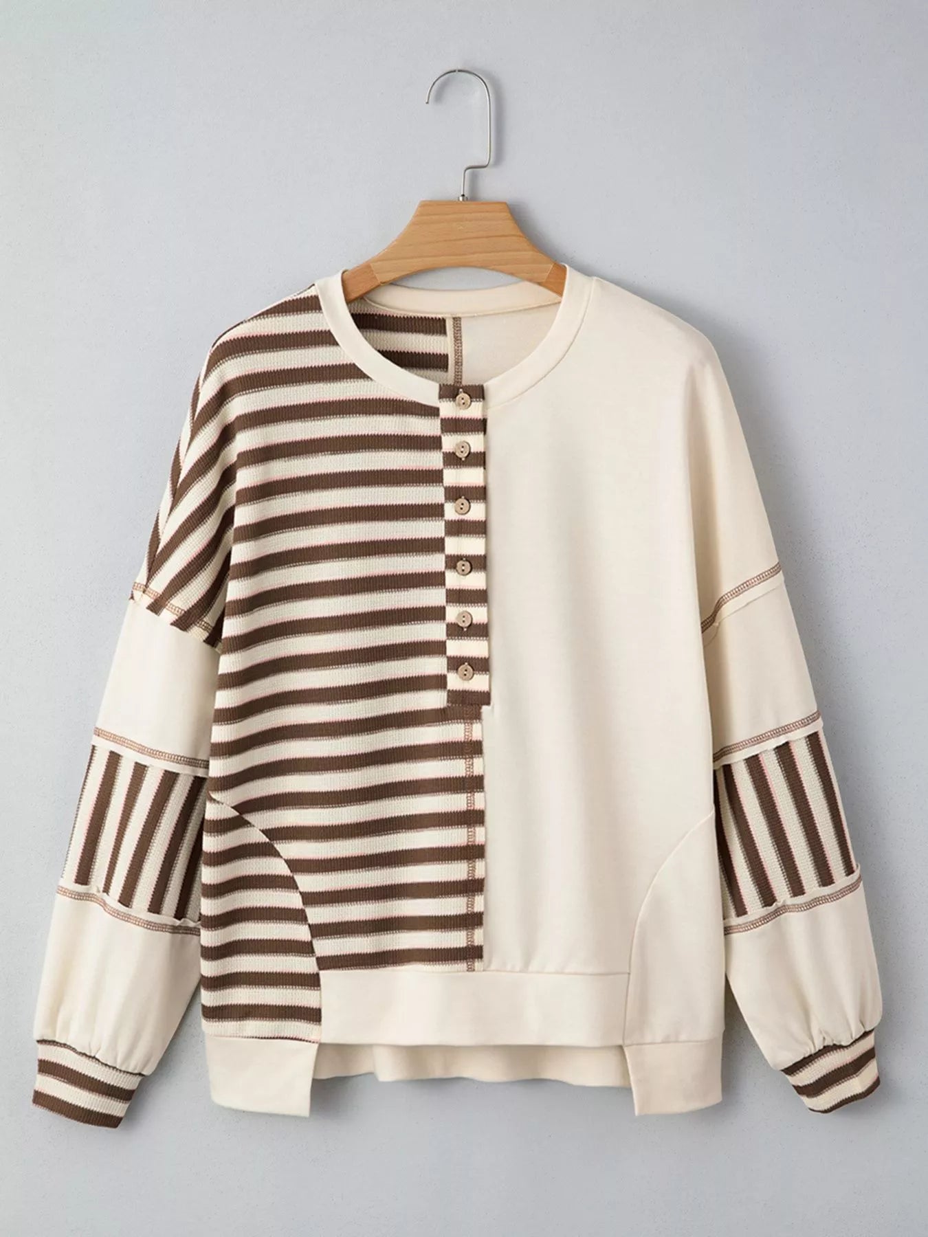 Stripe Stitched Detail Color Block Patchwork Oversized Top Trendsi