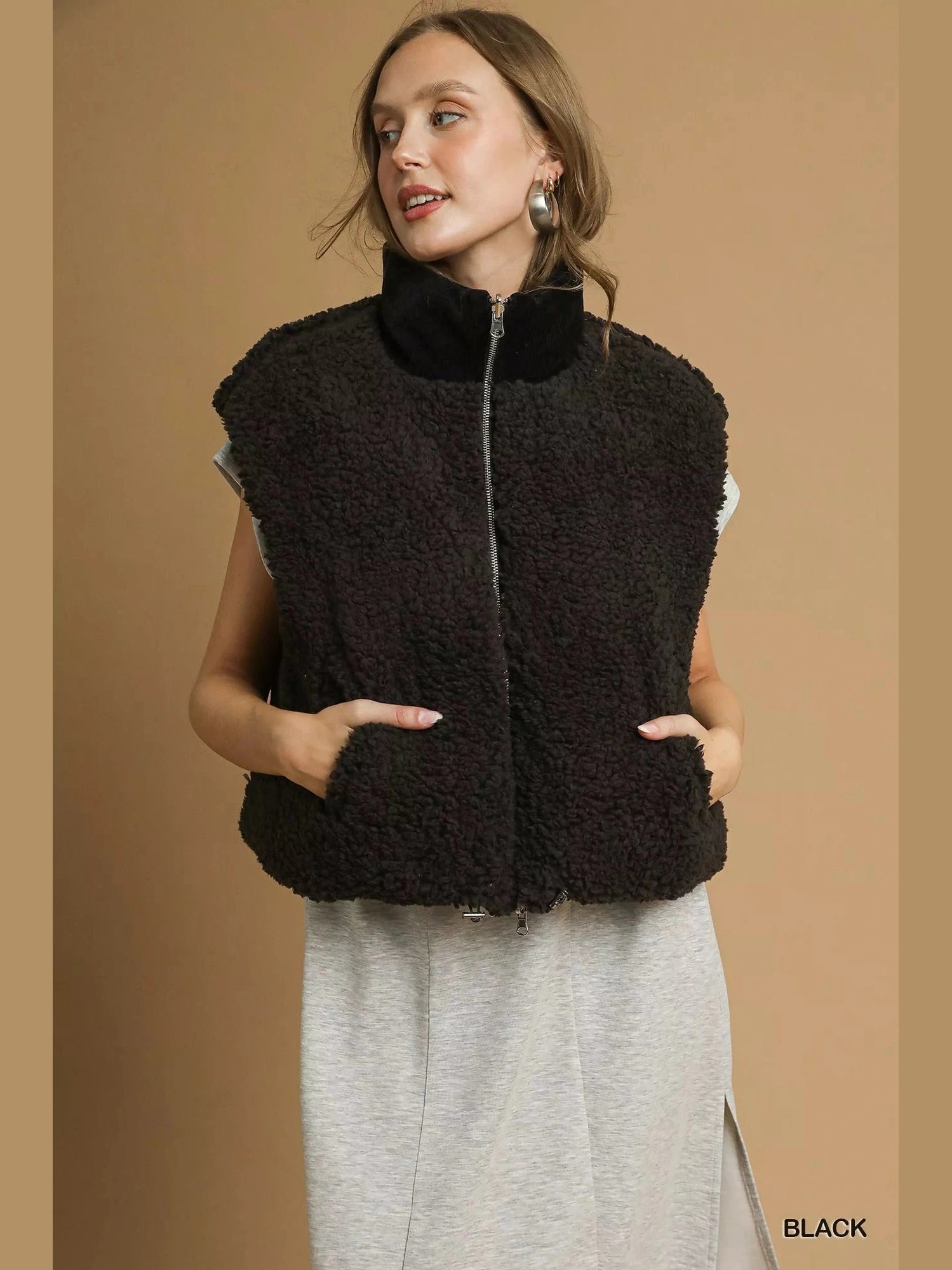 Umgee Sherpa-Lined Zip Vest with Drawstring Hem nicholesgifts