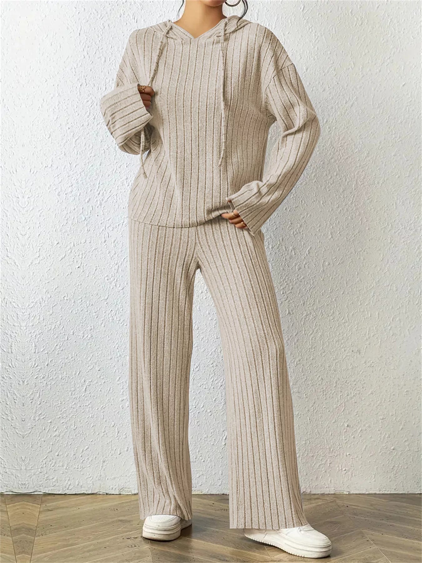 Ribbed Drawstring Hoodie and Pants Set Trendsi