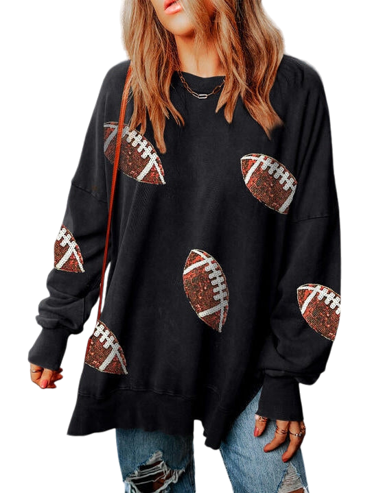 Women Sequin Football Patch Slit Sweatshirt - NicholesGifts