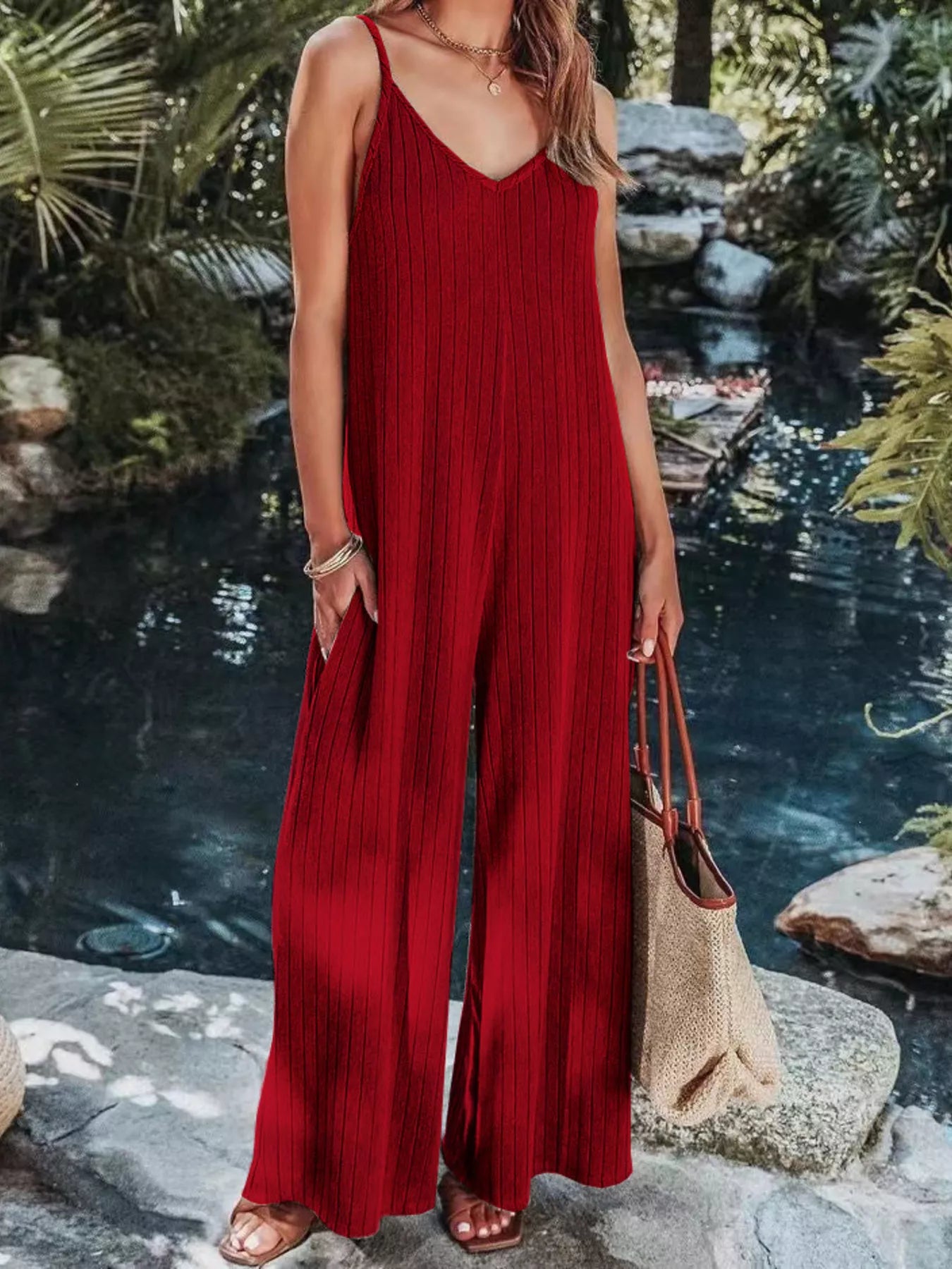 Ribbed V-Neck Wide Leg Jumpsuit nicholesgifts