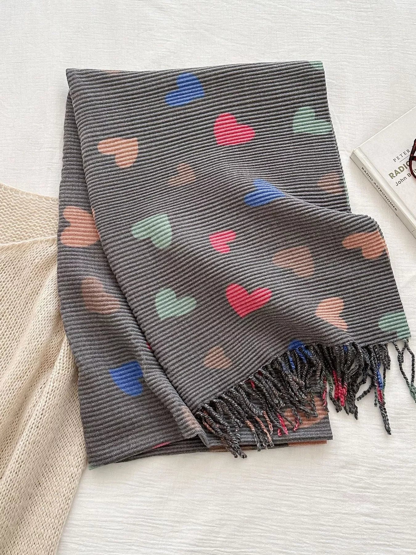 Women Heart Patterned Tassel Scarf Valentine's Day Gift For Her nicholesgifts
