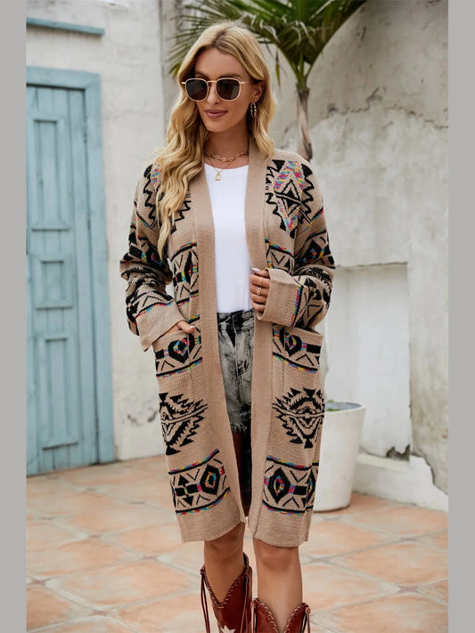 Angel Wings Pocketed Geometric Open Front Dropped Shoulder Cardigan nicholesgifts