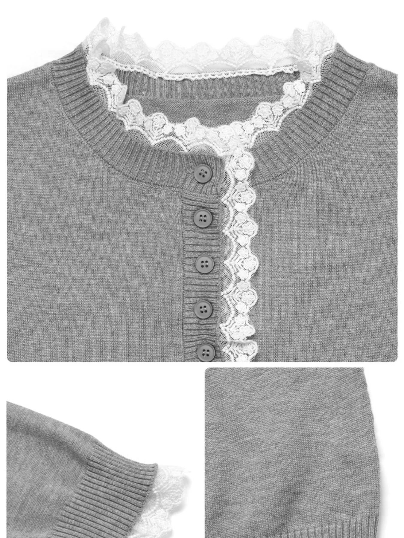 Lace Trim Button Detail Long Sleeve Knit Top Trendsi