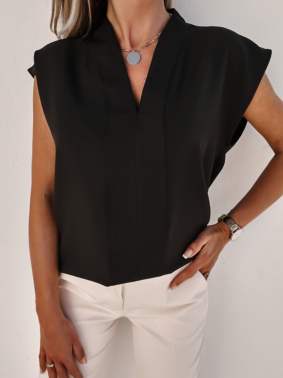 V-Neck Cap Sleeve Blouse nicholesgifts