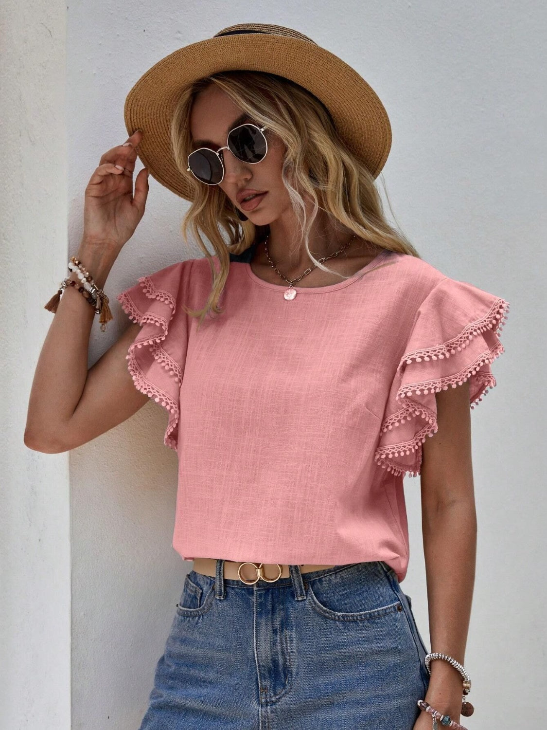 Ruffled Cap Sleeve Round Neck Blouse nicholesgifts