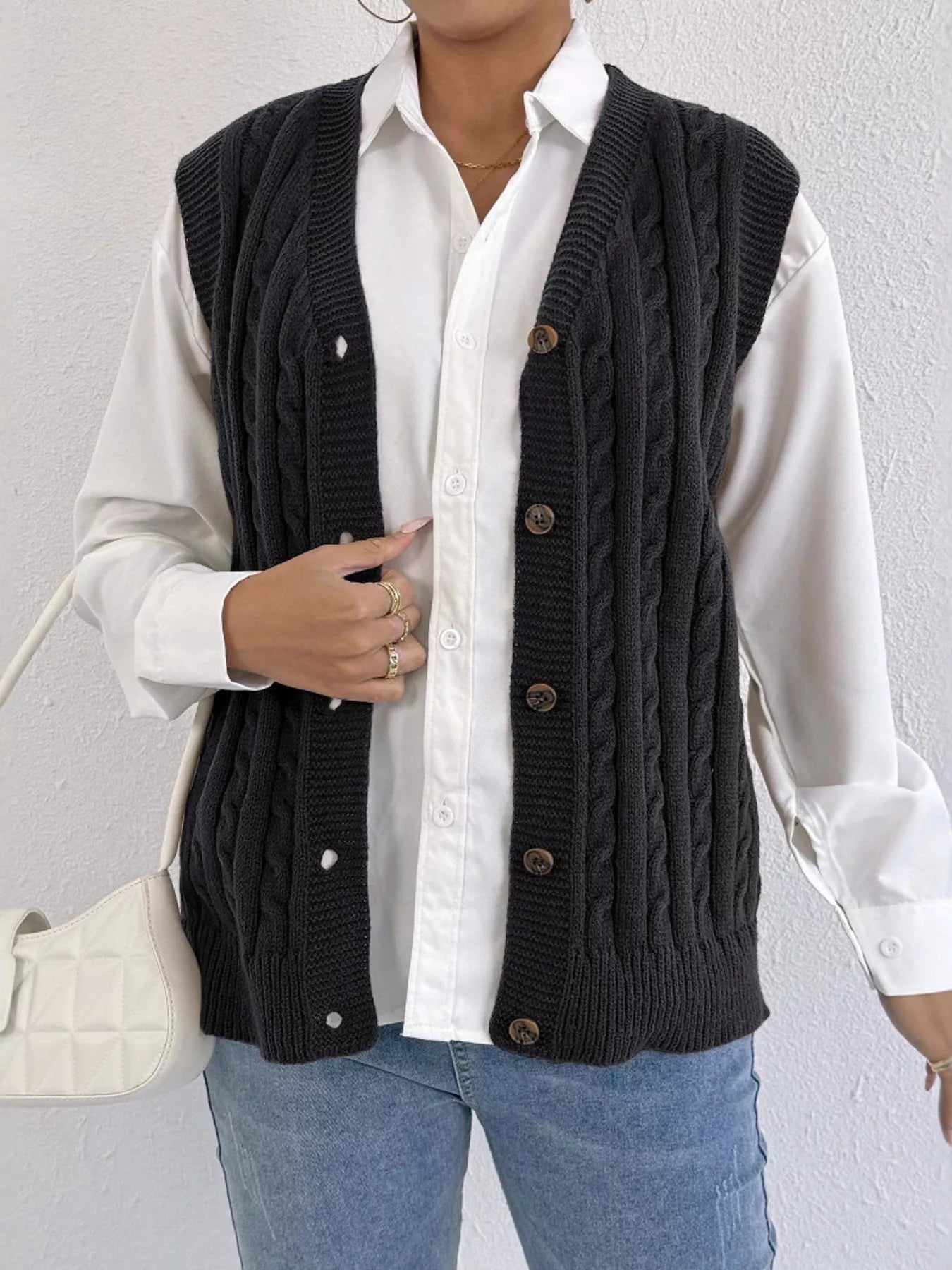 Cable-Knit Button-Up Sweater Vest nicholesgifts