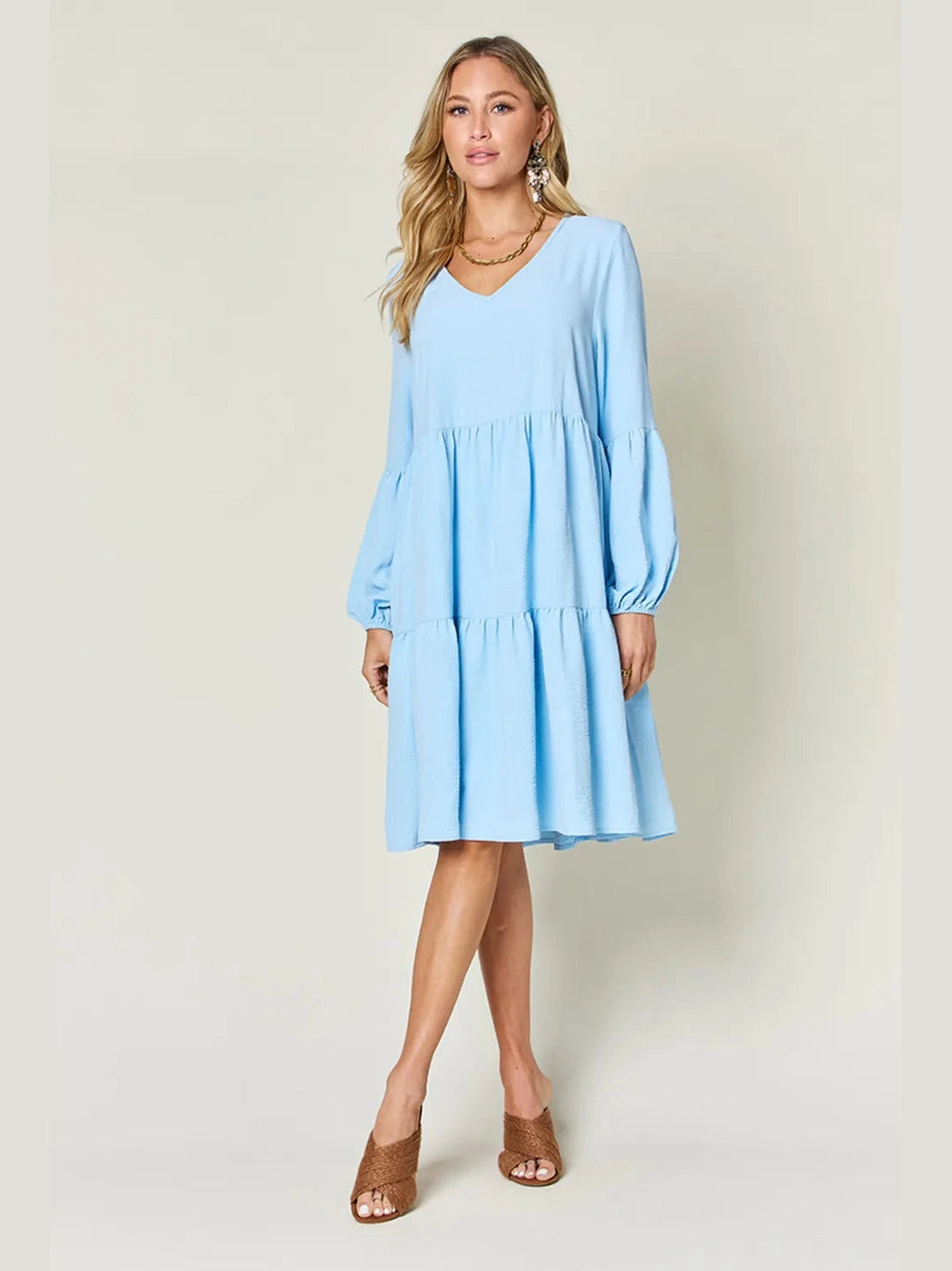 Double Take Full Size V-Neck Balloon Sleeve Tiered Dress with Pockets nicholesgifts