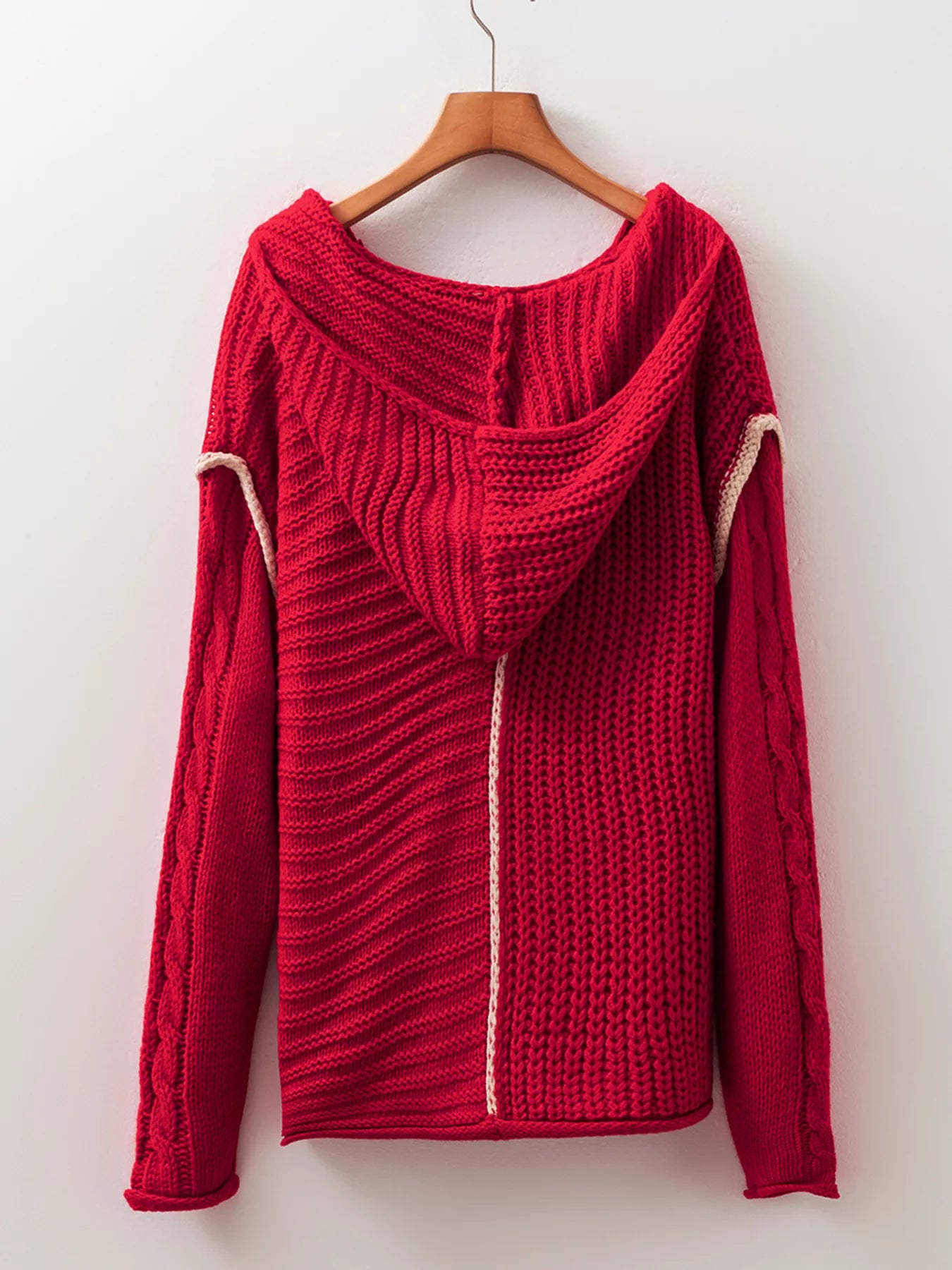 Contrast Trim Textured Knit Drawstring Hooded Sweater