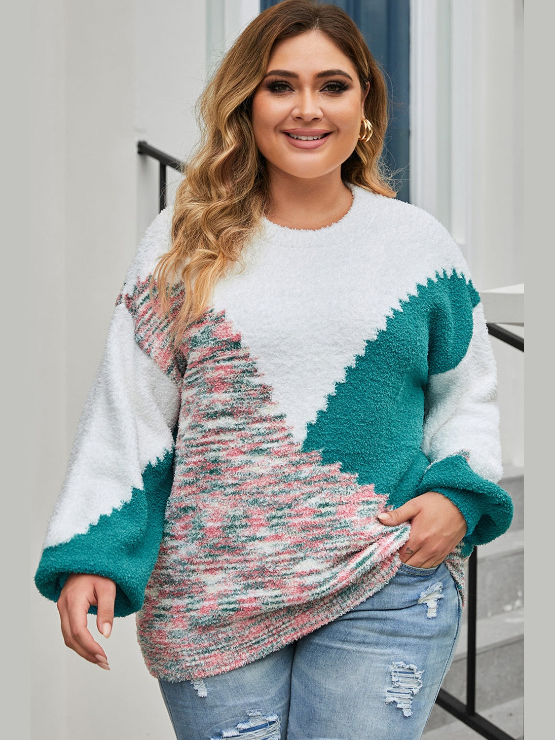 Plus Size Color Block Round Neck Sweater Trendsi