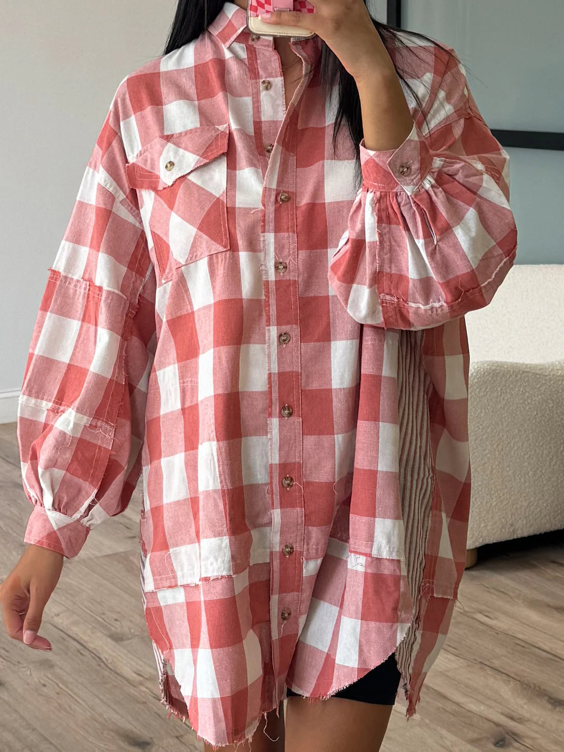 Plaid Collared Neck Long Sleeve Shirt Dress Trendsi