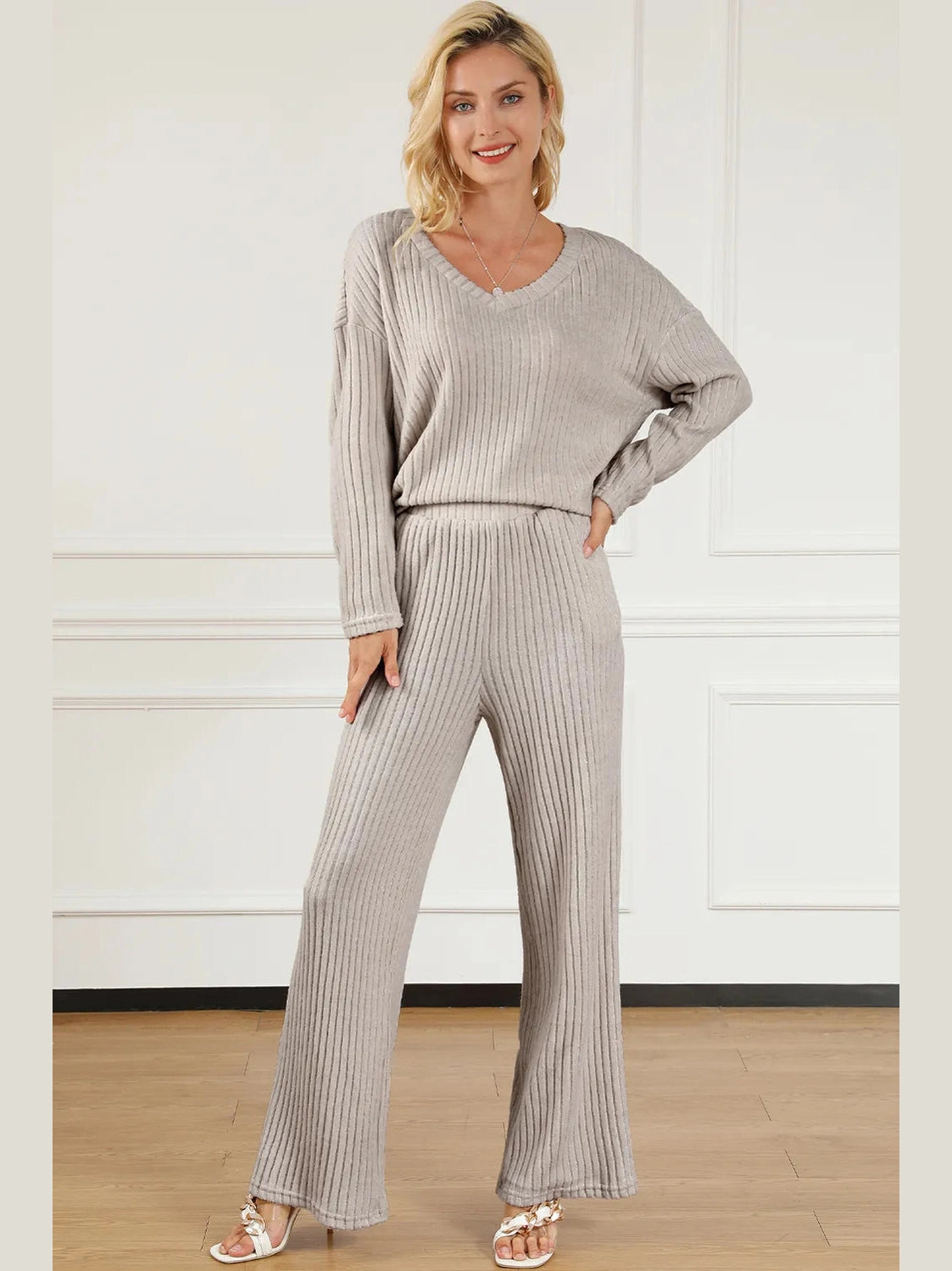 Ribbed V-Neck Top and Pants Lounge Set nicholesgifts