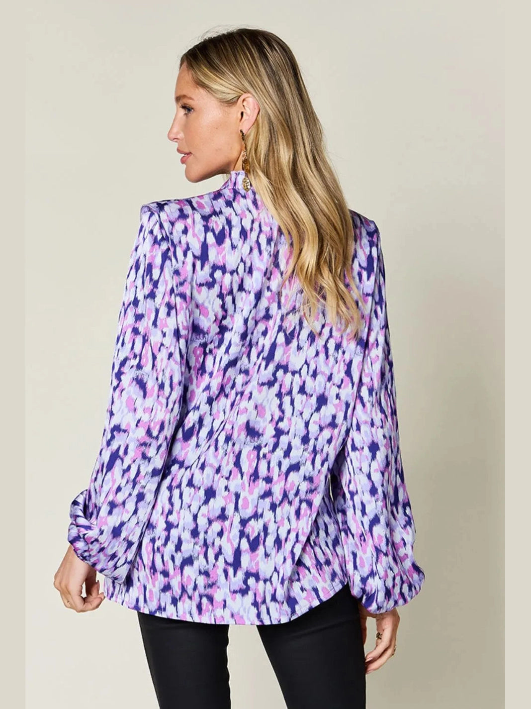 Double Take Full Size Printed Ruffle Trim Balloon Sleeve Shirt nicholesgifts