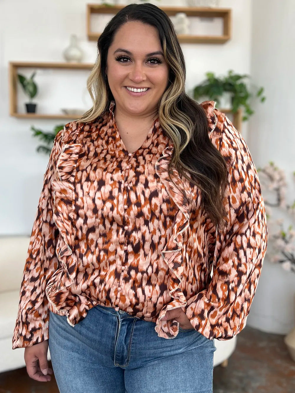 Double Take Full Size Printed Ruffle Trim Balloon Sleeve Shirt nicholesgifts