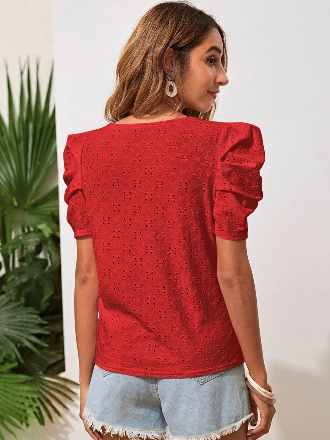 Eyelet Round Neck Puff Sleeve Blouse nicholesgifts