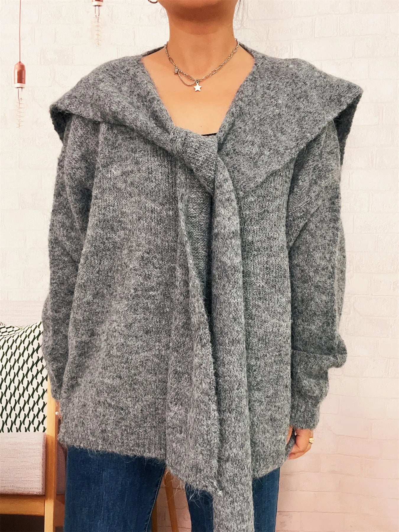 Ribbed Hem V-Neck Sweater with Shawl Trendsi