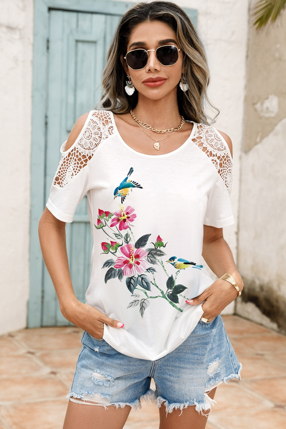 Lace Detail Round Neck Cold Shoulder Blouse nicholesgifts