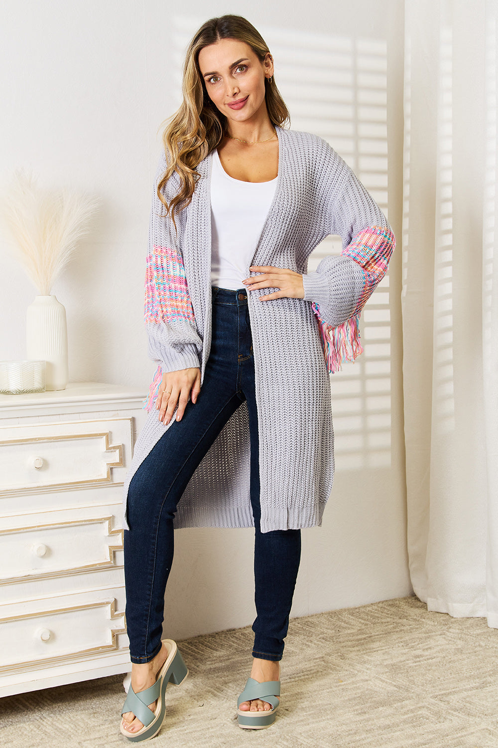 Woven Right Fringe Sleeve Dropped Shoulder Cardigan nicholesgifts