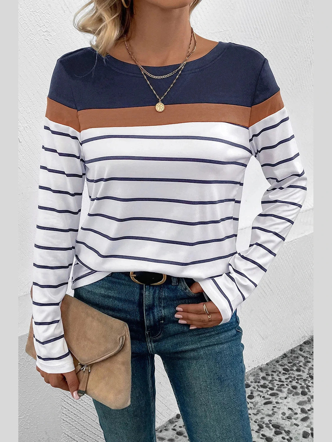 Perfee Striped Round Neck Long Sleeve T-Shirt nicholesgifts