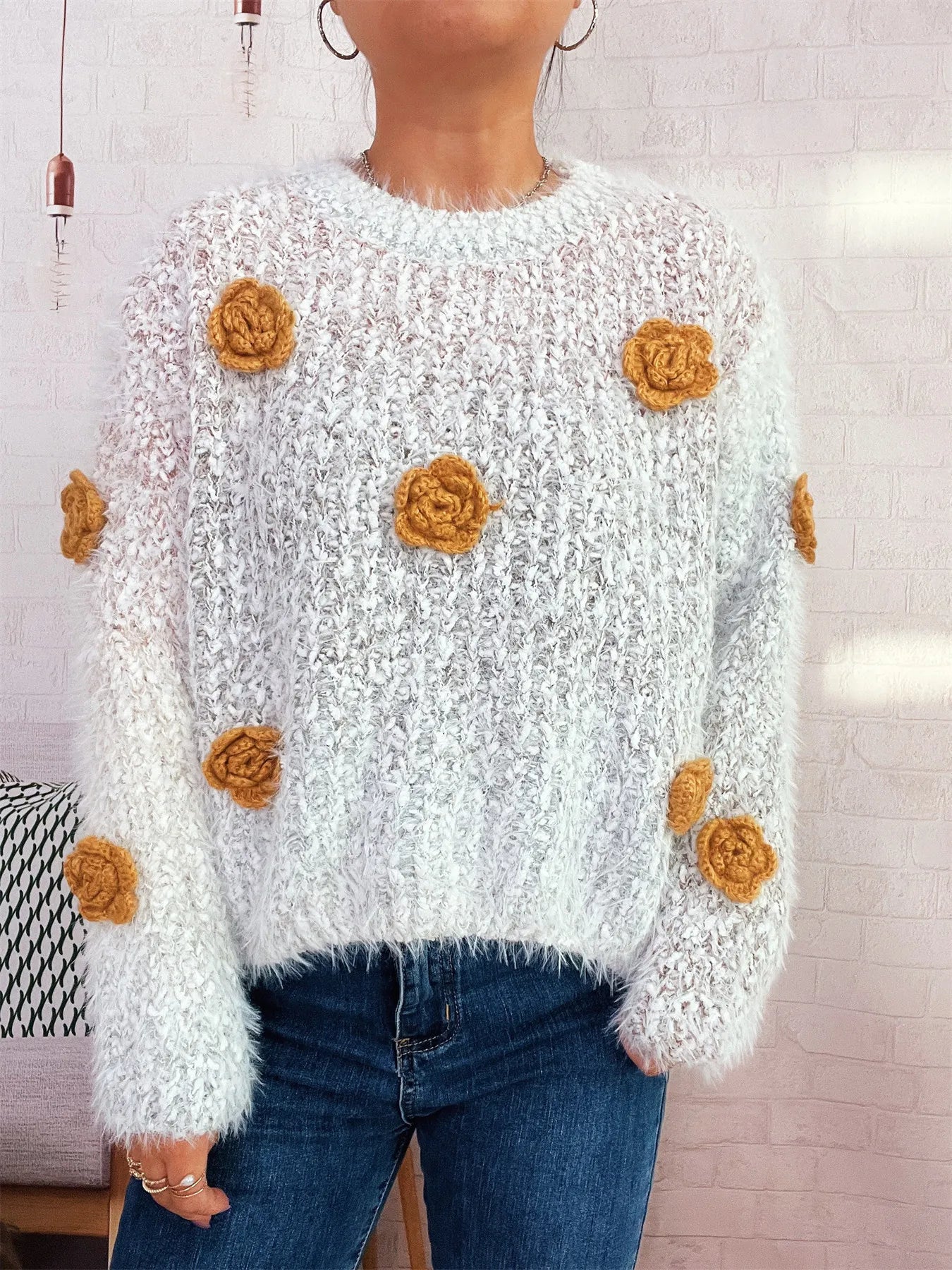Flower Embellished Round Neck Sweater