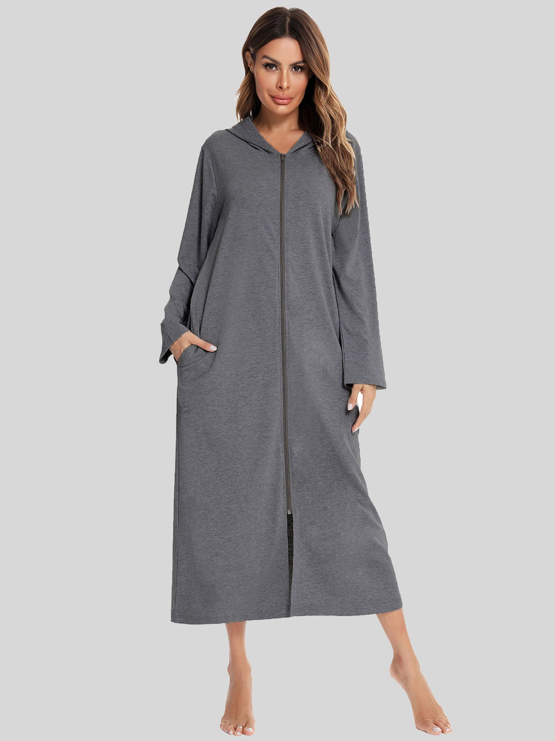 Zip Front Hooded Night Dress with Pockets nicholesgifts