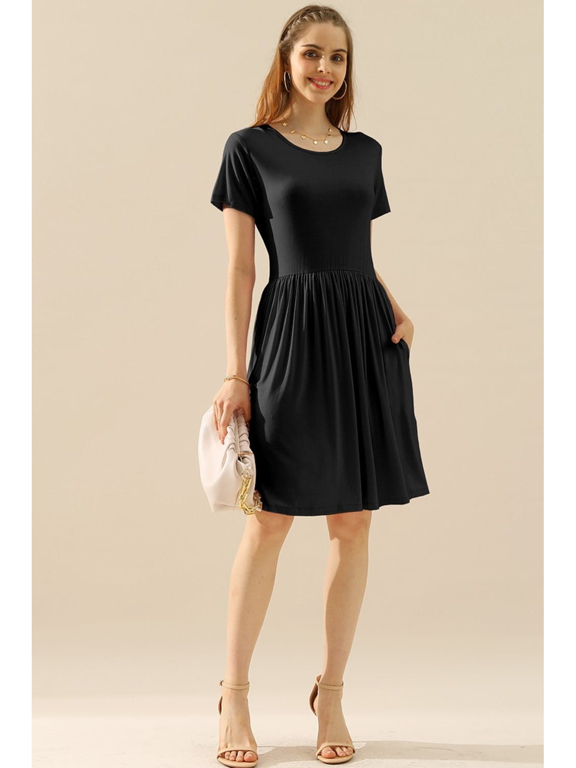 Ninexis Full Size Round Neck Ruched Dress with Pockets nicholesgifts