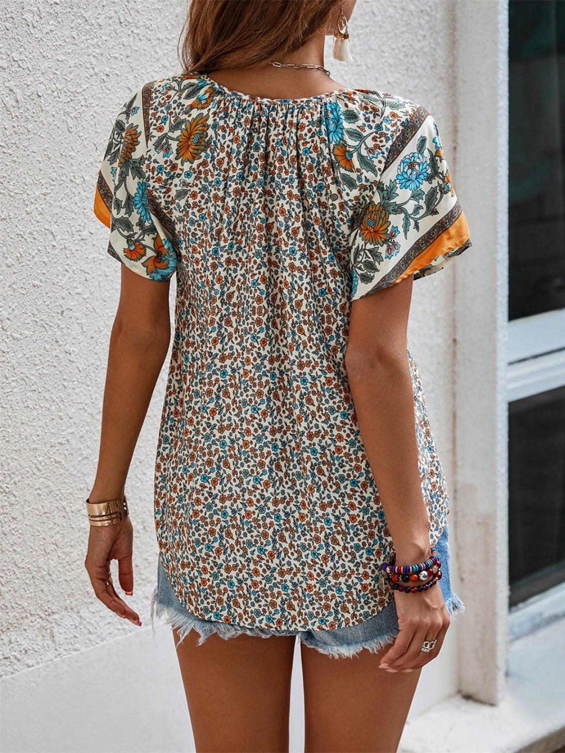 Tied Printed Short Sleeve Blouse nicholesgifts