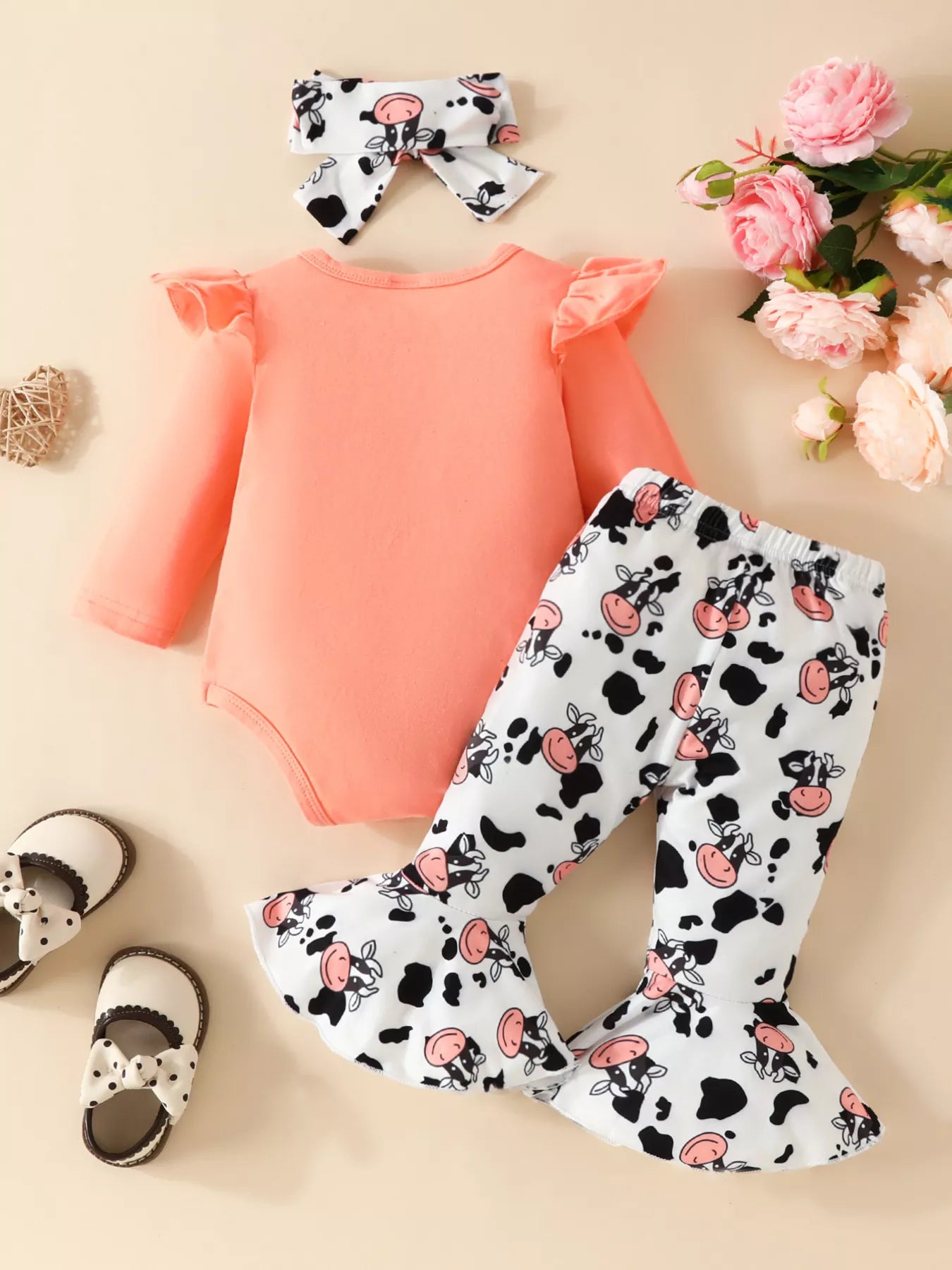 Children's Cow Graphic Ruffle Trim Bodysuit and Pants Set NicholesGifts