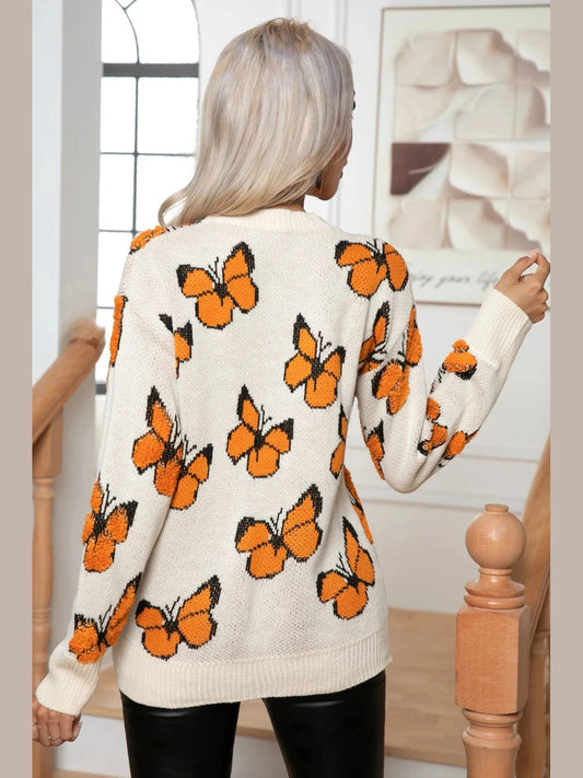 Butterfly Round Neck Long Sleeve Sweater nicholesgifts