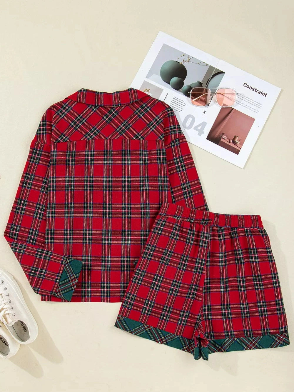 Plaid Contrast Patched Christmas Holiday Long Sleeve Shirt and Short 2pcs Pajama Set nicholesgifts