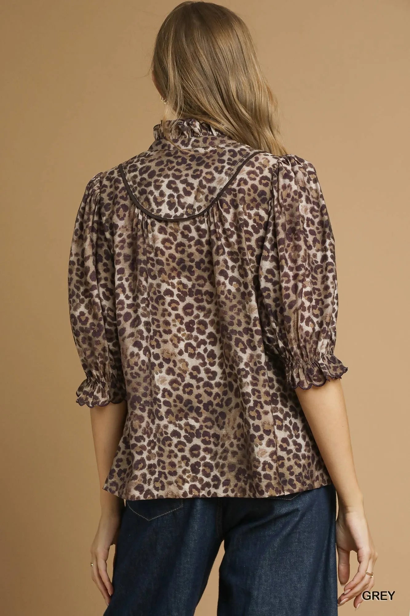 Women Umgee Leopard Print Ruffle Neck Short Sleeve Blouse