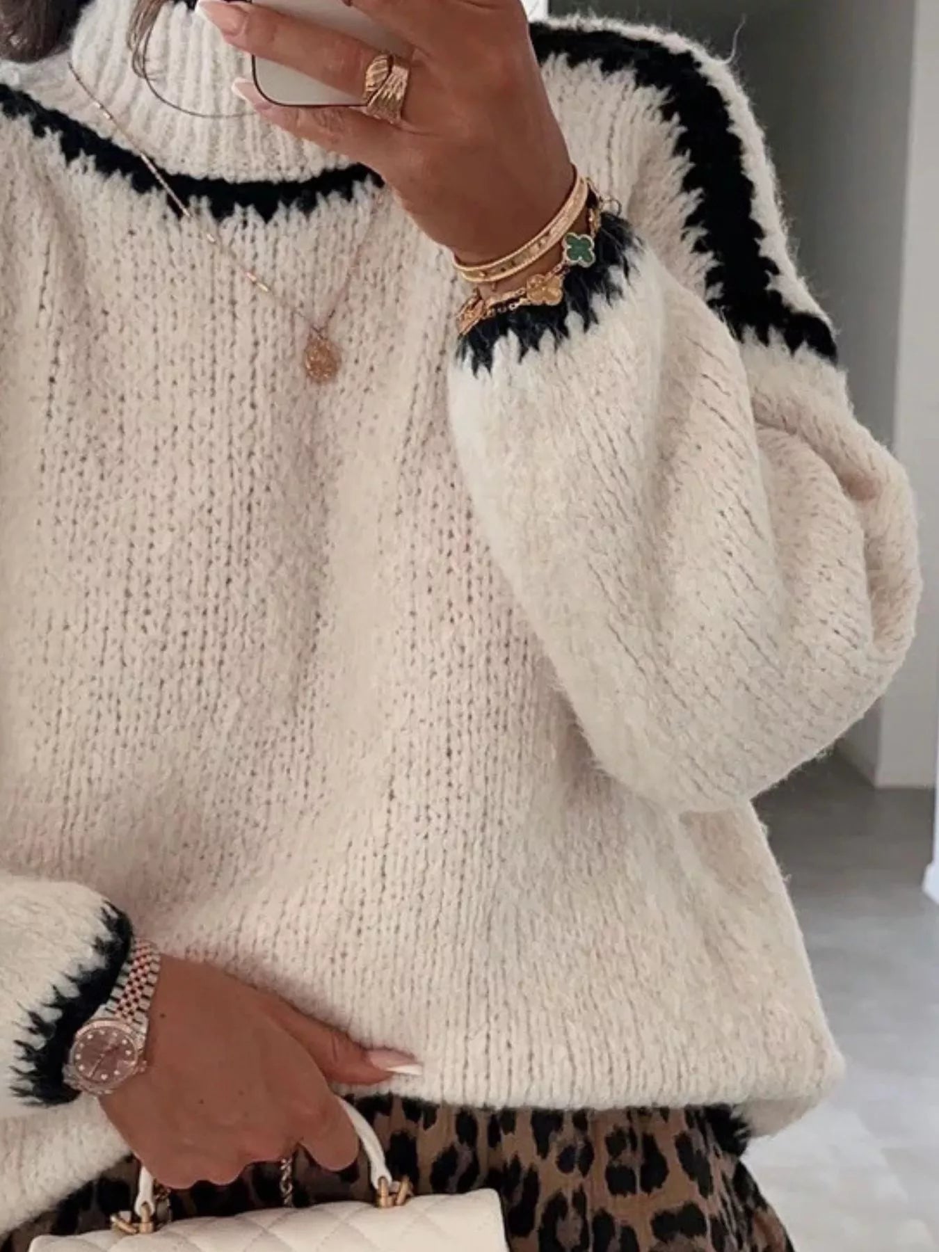 Contrast Trim Turtleneck Long Sleeve Sweater