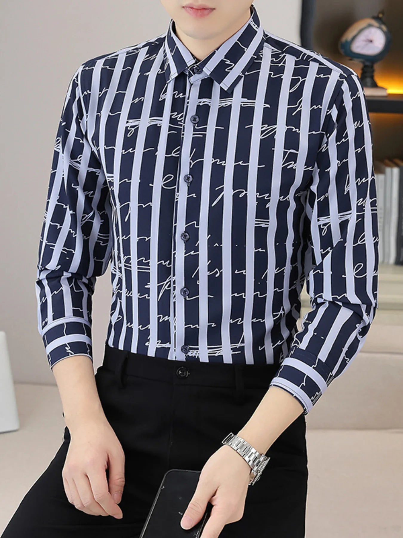 Men's Plus Size Striped Button Up Long Sleeve Shirt NicholesGifts