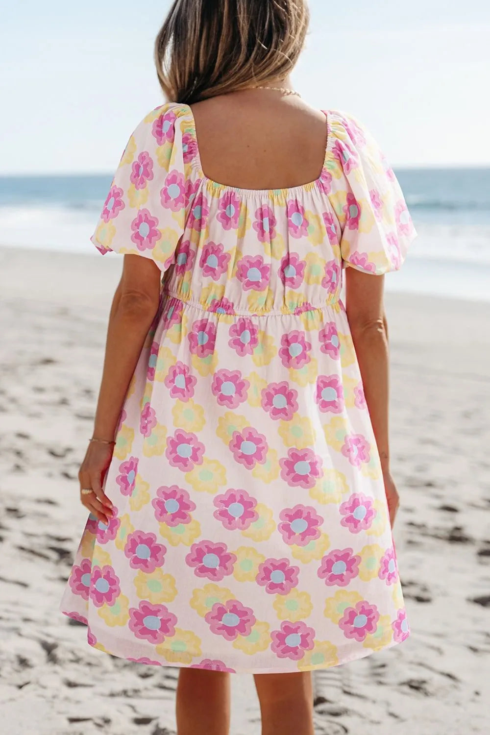 Floral Square Neck Puff Sleeve Pleated Flared Midi Dress Trendsi