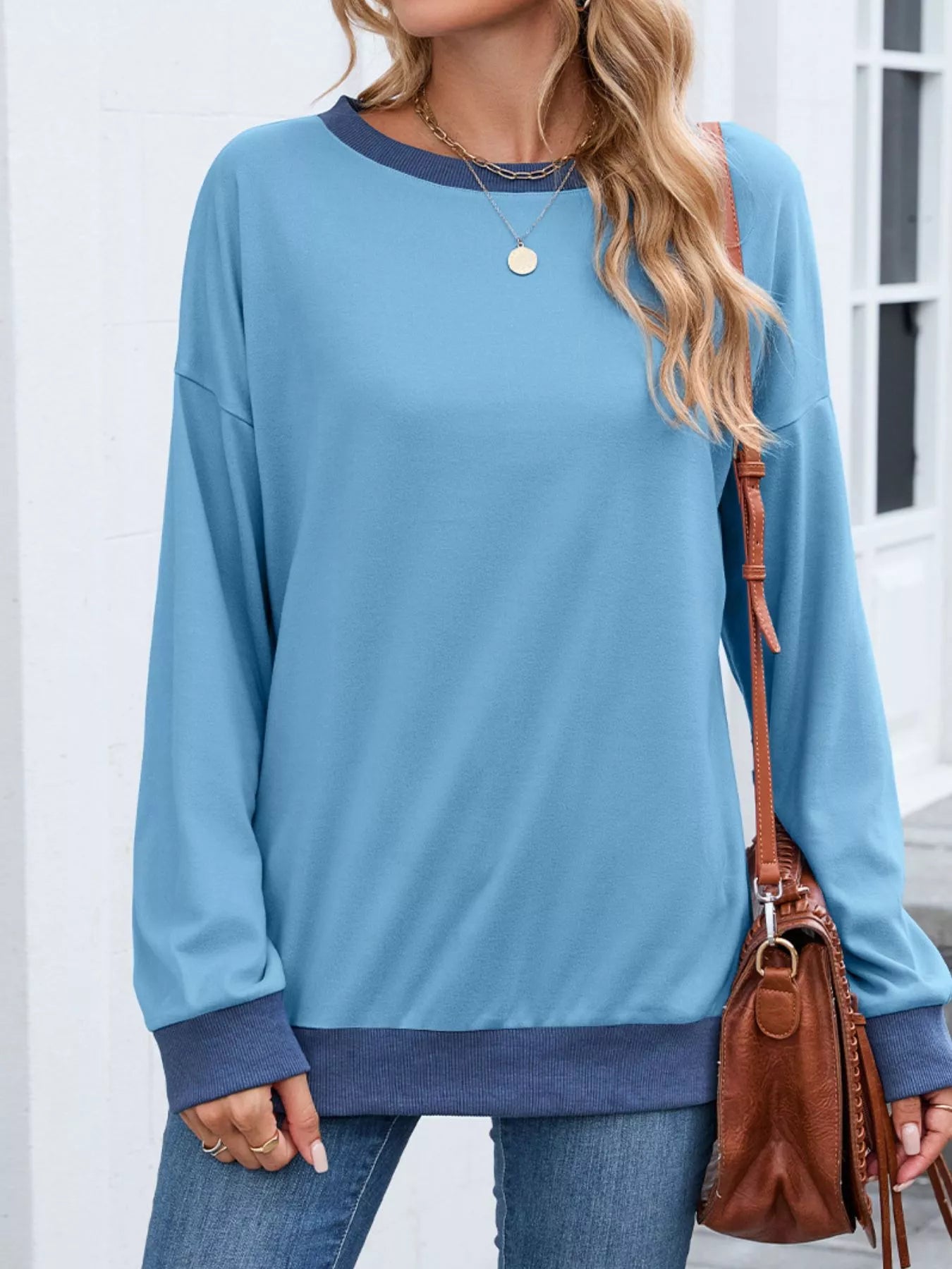 Contrast Trim Long Sleeve Sweatshirt Trendsi