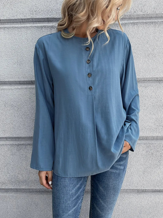 Ivy Lane Half Button Long Sleeve Blouse nicholesgifts