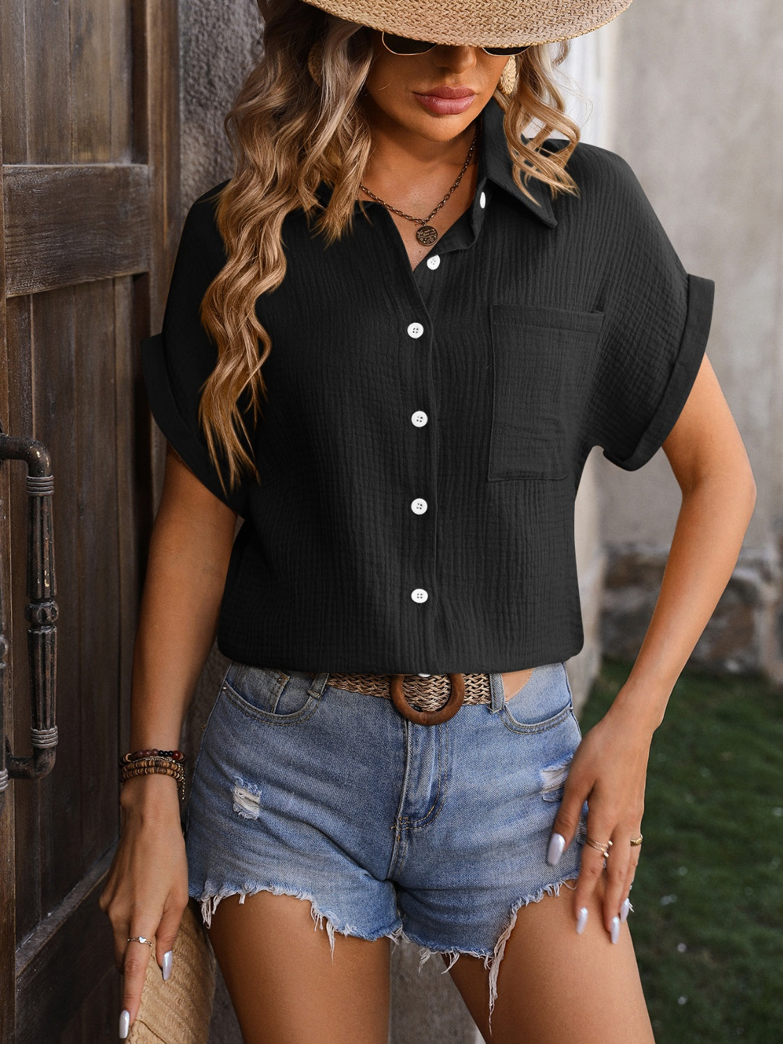 Textured Pocketed Button Up Shirt nicholesgifts