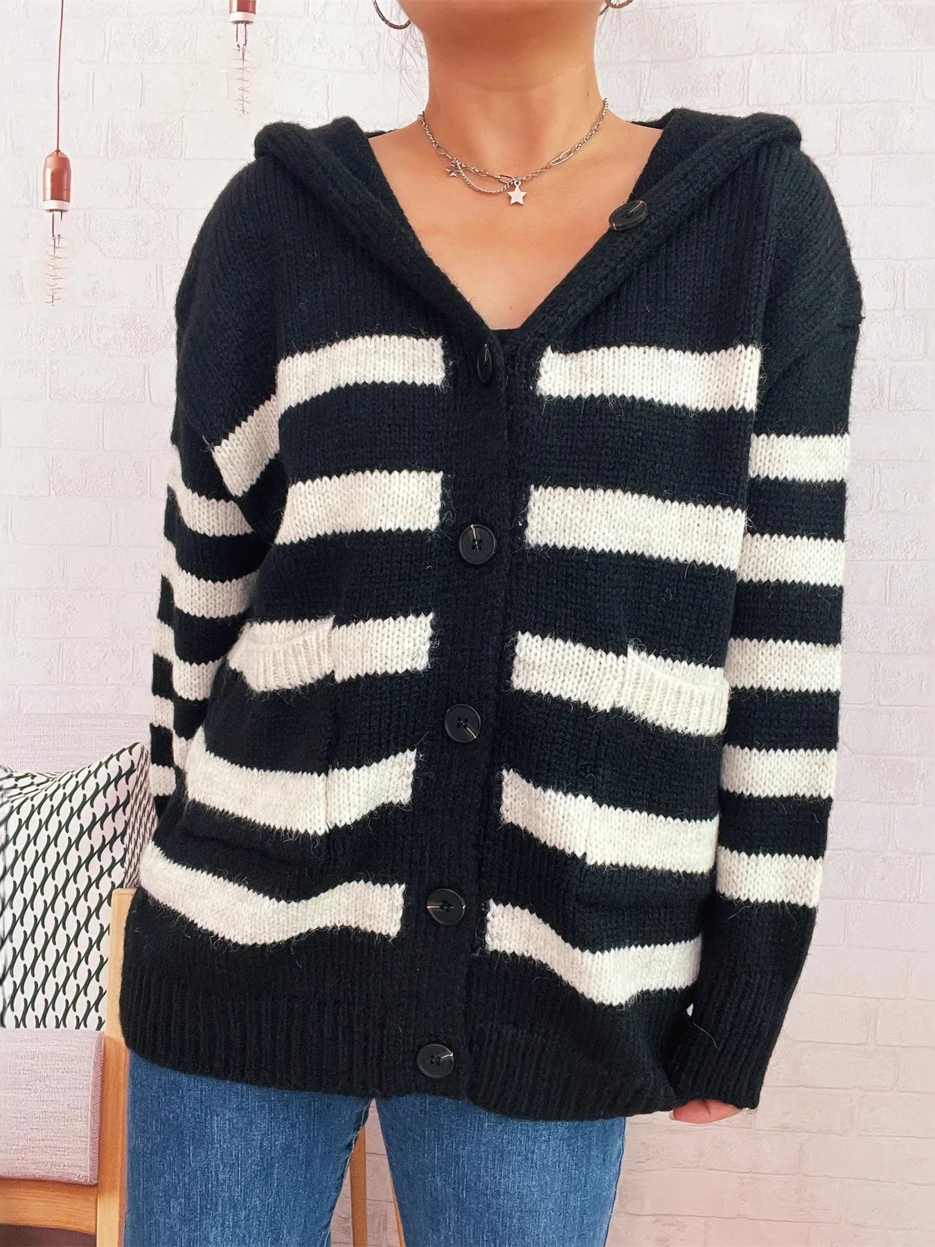 Striped Button-Up Hooded Cardigan