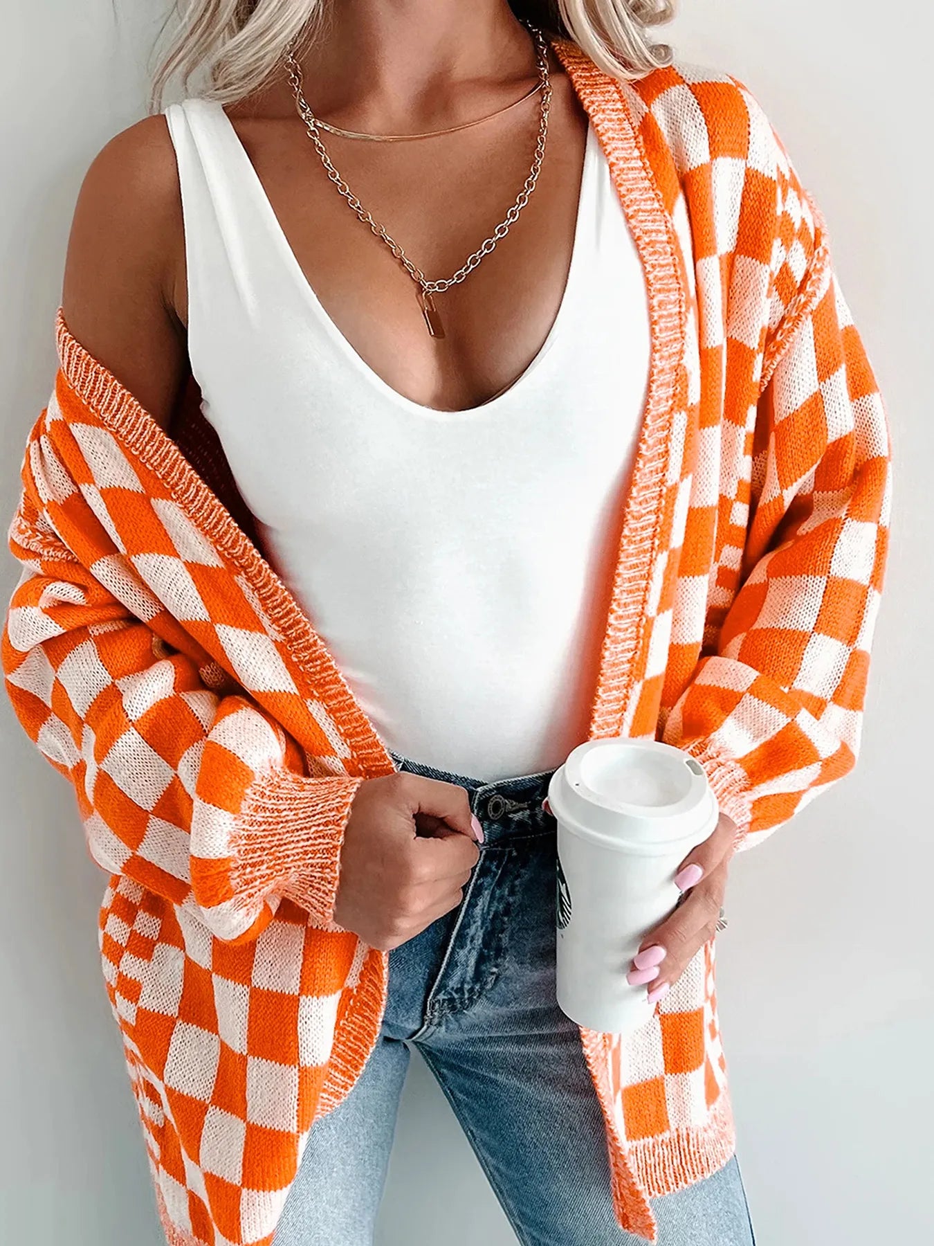 Checkered Pattern Open Front Cardigan Trendsi
